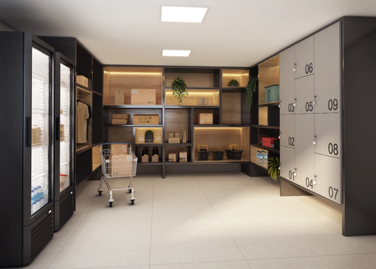 Espaço delivery com armários e refrigeração