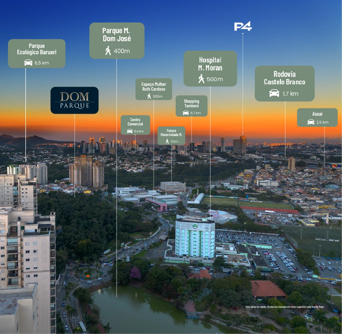 Vista aérea do entorno do Dom Parque com pontos de interesse — clique para ampliar