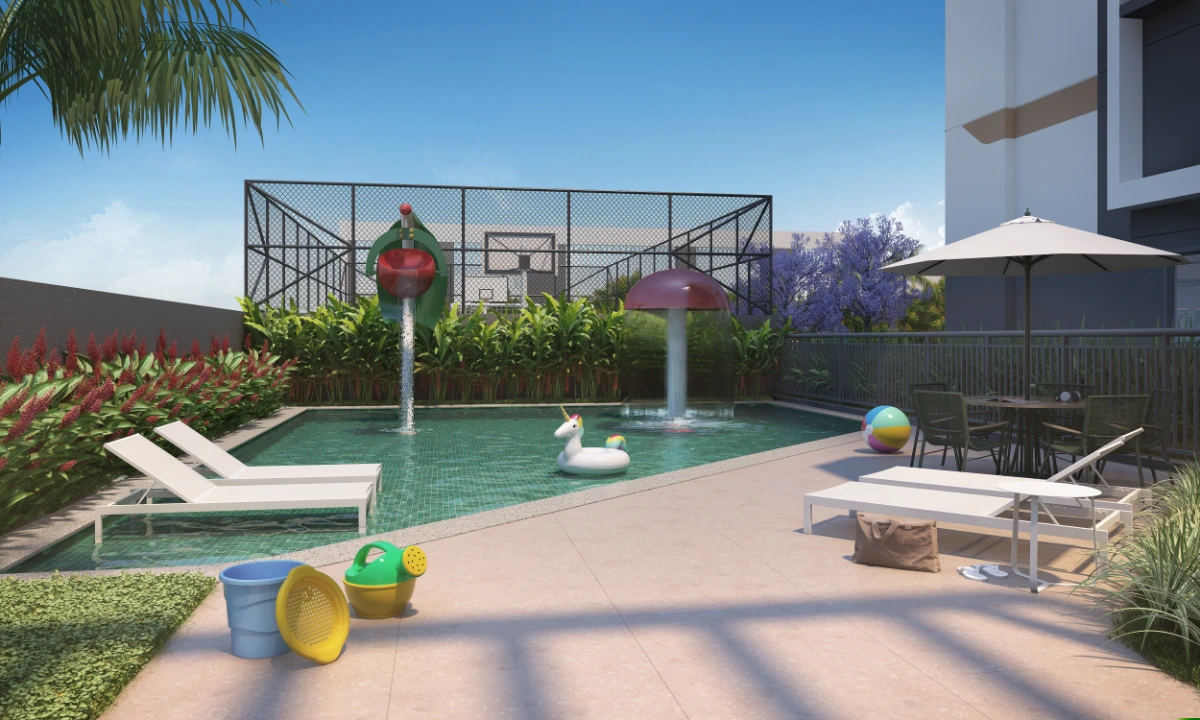 Piscina infantil com brinquedos aquáticos