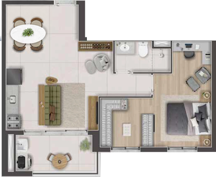 Planta humanizada — 1 dormitório, 49m²