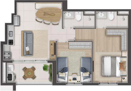 Planta humanizada — 2 dormitórios, 58m²
